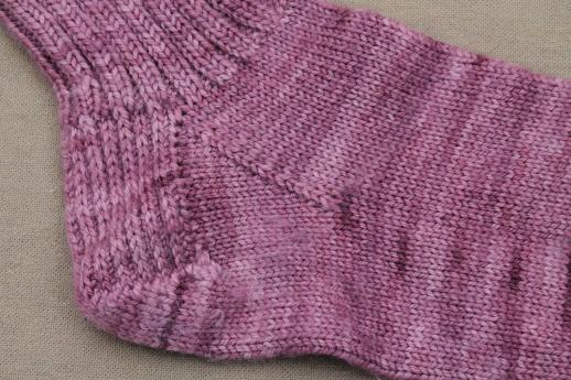 photo of hand knit socks, pair of vintage socks hand knitted in plum purple wool yarn #2