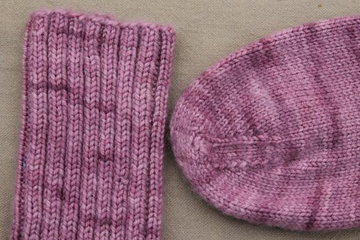 photo of hand knit socks, pair of vintage socks hand knitted in plum purple wool yarn #3