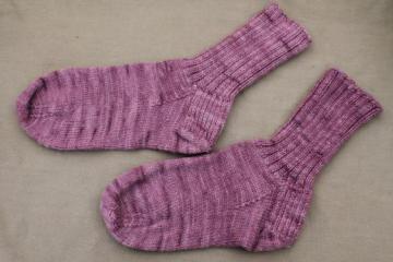 catalog photo of hand knit socks, pair of vintage socks hand knitted in plum purple wool yarn