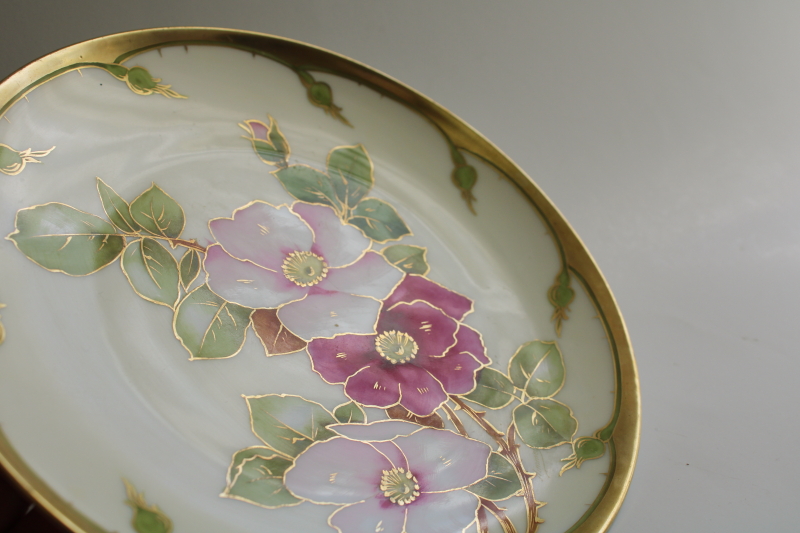 photo of hand painted Bavaria china plate, wild roses floral w/ gold, early 1900s vintage   #2