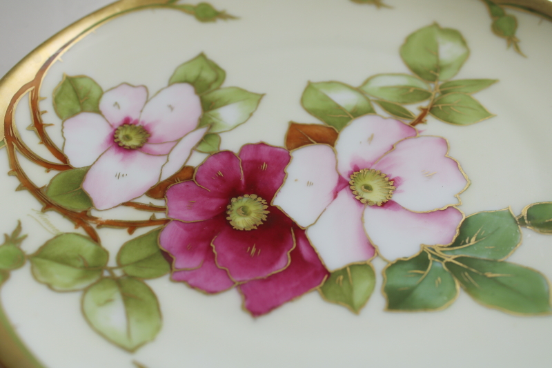 photo of hand painted Bavaria china plate, wild roses floral w/ gold, early 1900s vintage   #6