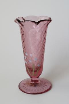 catalog photo of hand painted Fenton glass vase, vintage cranberry pink glass artist signed