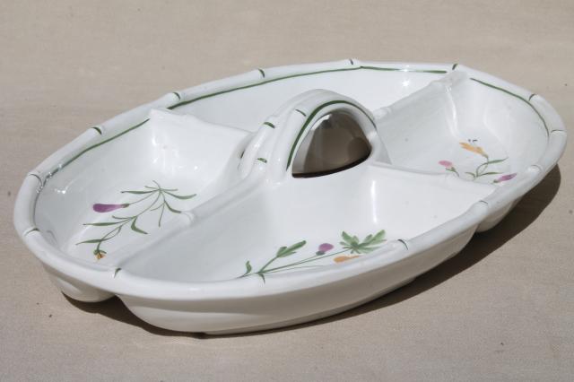 photo of hand painted Italian pottery tray w/ center handle, johnny jump up viola pansies floral #2