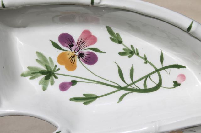 photo of hand painted Italian pottery tray w/ center handle, johnny jump up viola pansies floral #7