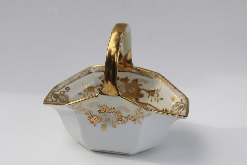 photo of hand painted Japan encrusted gold white china basket, vintage Noritake red M mark #1