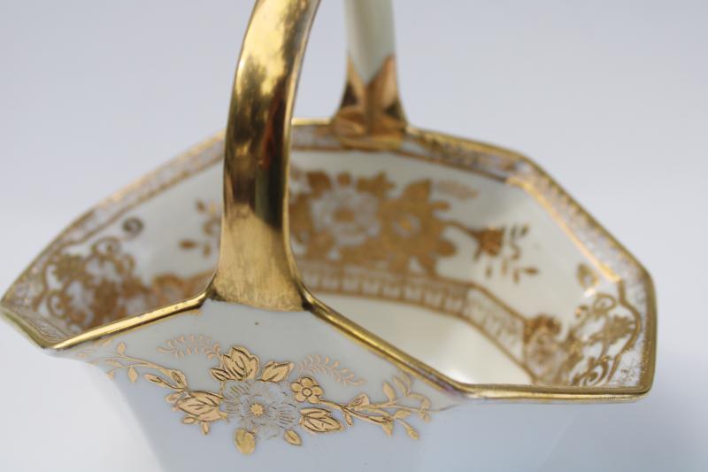 photo of hand painted Japan encrusted gold white china basket, vintage Noritake red M mark #2