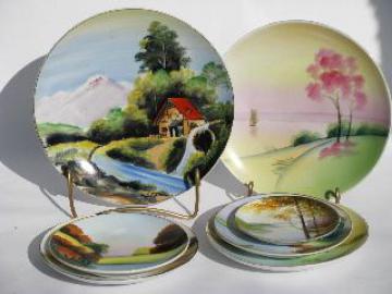 catalog photo of hand painted Japan, lot of vintage china plates, landscape scenes