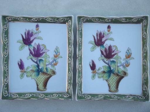 photo of hand painted Japanese flower tile wall plaques, framed floral prints #1