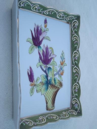 photo of hand painted Japanese flower tile wall plaques, framed floral prints #2