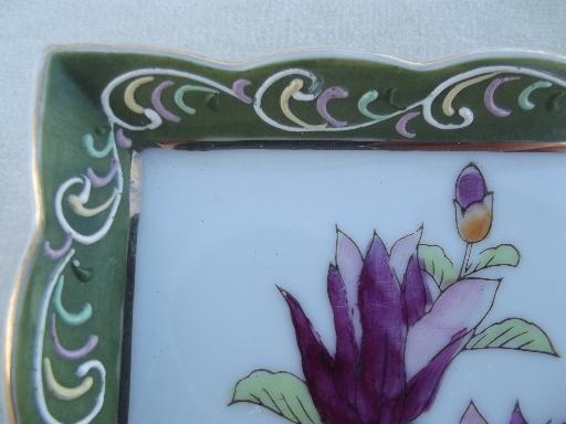 photo of hand painted Japanese flower tile wall plaques, framed floral prints #4