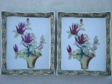 catalog photo of hand painted Japanese flower tile wall plaques, framed floral prints