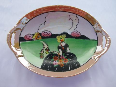 photo of hand painted Made in Japan luster china bonbon dish, crinoline lady in bonnet #1