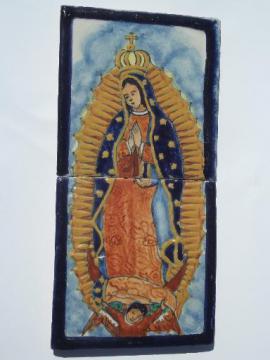 catalog photo of hand painted Mexican Talavera pottery tiles Mary Our Lady of Guadalupe