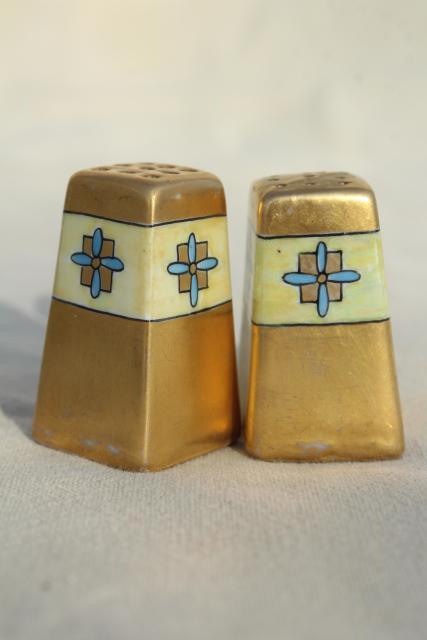 photo of hand painted Nippon antique Noritake china, tiny individual S&P shakers encrusted gold #2