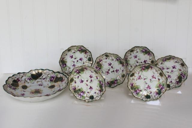 photo of hand painted Nippon china dessert set, bowls w/ purple violets Japan porcelain #1