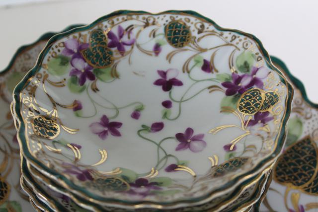 photo of hand painted Nippon china dessert set, bowls w/ purple violets Japan porcelain #7