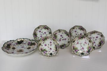 hand painted Nippon china dessert set, bowls w/ purple violets Japan porcelain