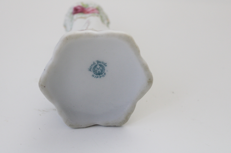 photo of hand painted Nippon china vase or hatpin holder, M wreath mark 1910s 20s vintage Morimura #2