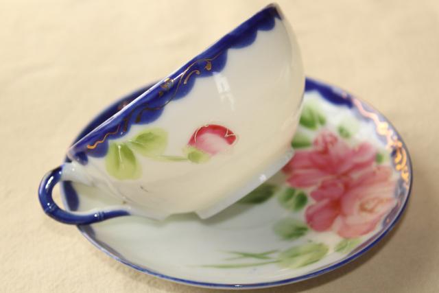 photo of hand painted Nippon porcelain teapot, cups & saucers - antique flow blue china w/ roses #2