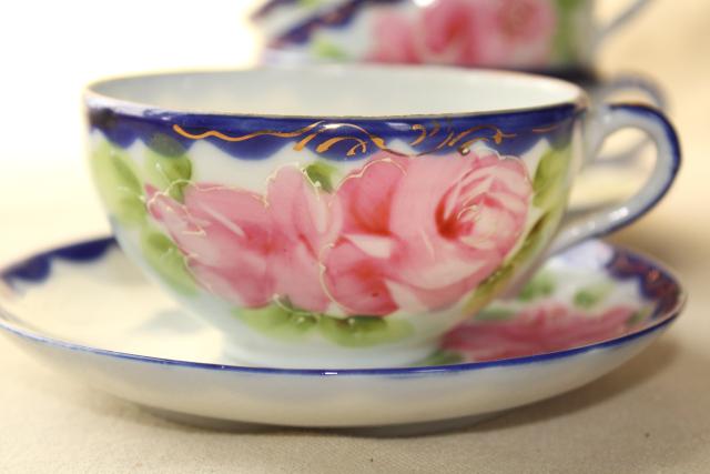 photo of hand painted Nippon porcelain teapot, cups & saucers - antique flow blue china w/ roses #3