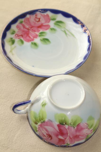 photo of hand painted Nippon porcelain teapot, cups & saucers - antique flow blue china w/ roses #4