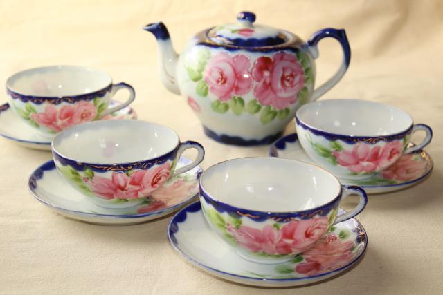 photo of hand painted Nippon porcelain teapot, cups & saucers - antique flow blue china w/ roses #6