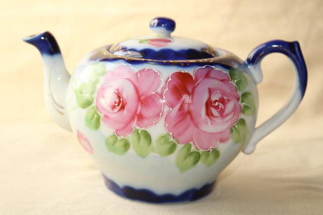 photo of hand painted Nippon porcelain teapot, cups & saucers - antique flow blue china w/ roses #7