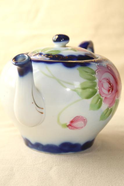 photo of hand painted Nippon porcelain teapot, cups & saucers - antique flow blue china w/ roses #8