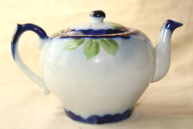 photo of hand painted Nippon porcelain teapot, cups & saucers - antique flow blue china w/ roses #9