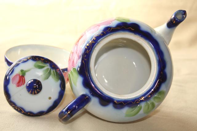 photo of hand painted Nippon porcelain teapot, cups & saucers - antique flow blue china w/ roses #11