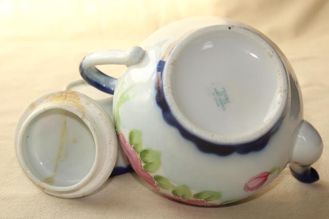 photo of hand painted Nippon porcelain teapot, cups & saucers - antique flow blue china w/ roses #12