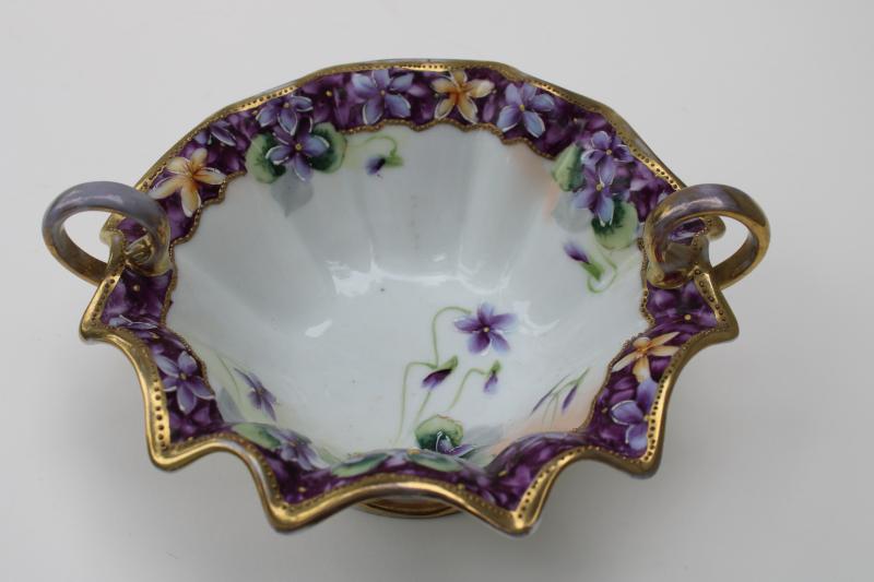 photo of hand painted Nippon vintage china dish w/ handles, violets & gold moriage trim #1