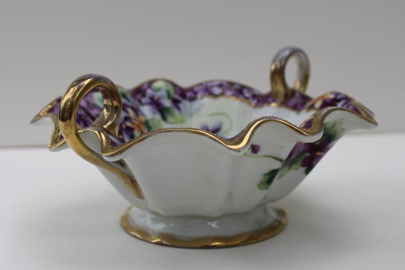 photo of hand painted Nippon vintage china dish w/ handles, violets & gold moriage trim #3