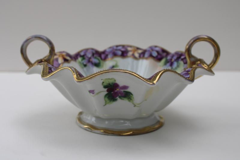 photo of hand painted Nippon vintage china dish w/ handles, violets & gold moriage trim #4