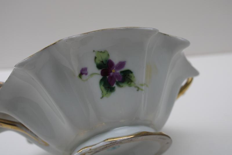 photo of hand painted Nippon vintage china dish w/ handles, violets & gold moriage trim #6