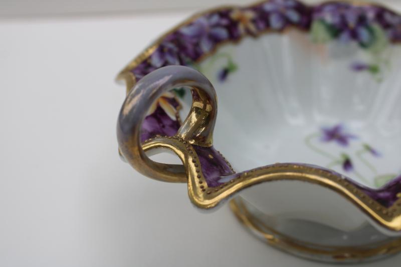 photo of hand painted Nippon vintage china dish w/ handles, violets & gold moriage trim #7