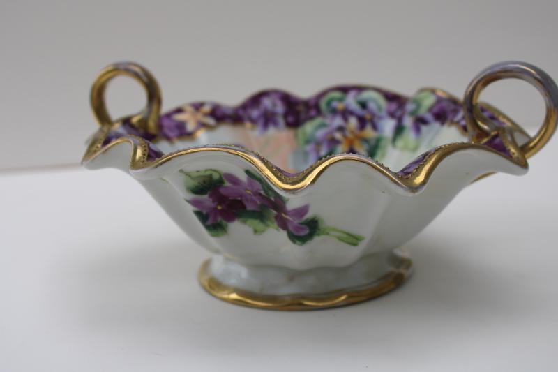 photo of hand painted Nippon vintage china dish w/ handles, violets & gold moriage trim #8