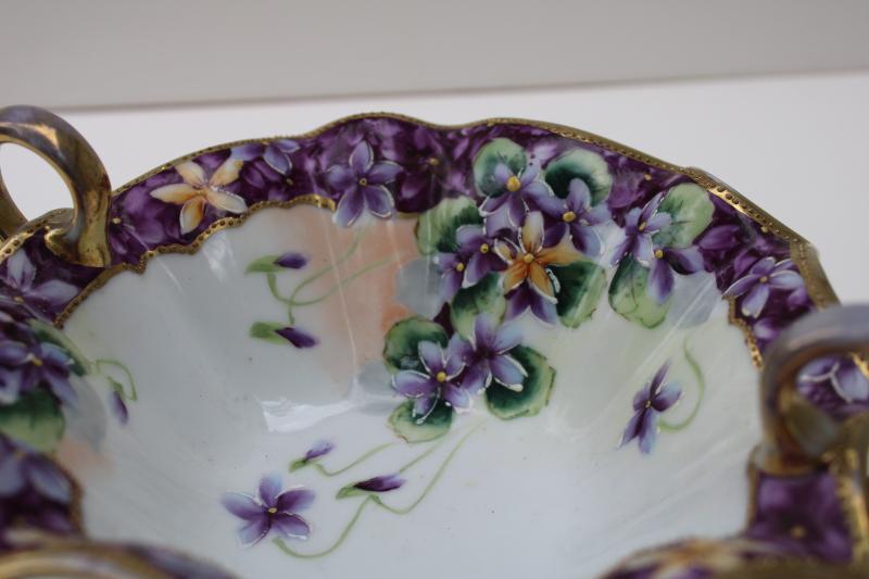 photo of hand painted Nippon vintage china dish w/ handles, violets & gold moriage trim #9