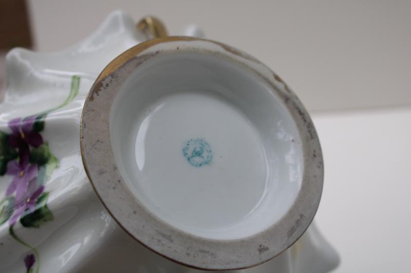 photo of hand painted Nippon vintage china dish w/ handles, violets & gold moriage trim #11