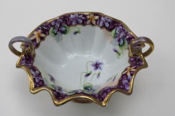 catalog photo of hand painted Nippon vintage china dish w/ handles, violets & gold moriage trim