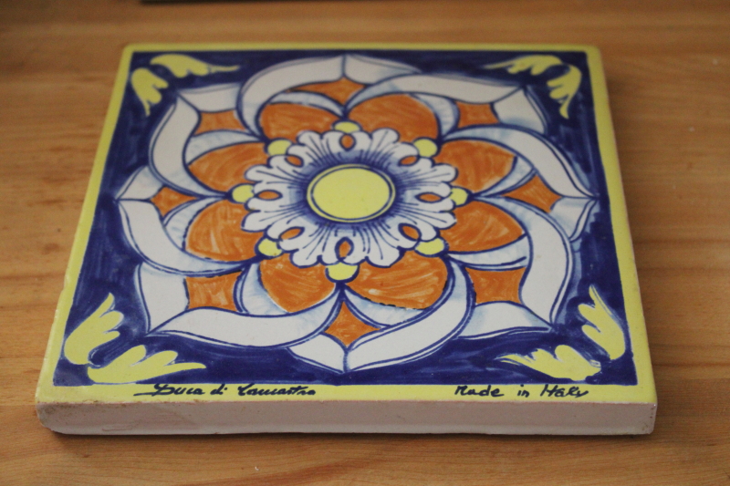 photo of hand painted artist signed Italian terracotta pottery tiles, vintage Pier 1 kitchen trivets #2