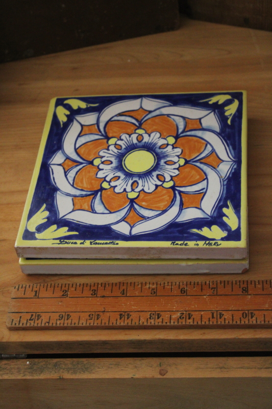 photo of hand painted artist signed Italian terracotta pottery tiles, vintage Pier 1 kitchen trivets #7