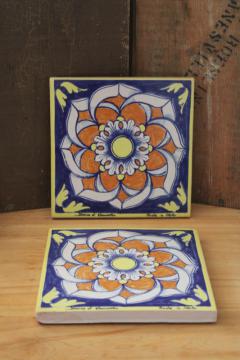 catalog photo of hand painted artist signed Italian terracotta pottery tiles, vintage Pier 1 kitchen trivets
