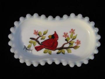 catalog photo of hand painted bird, artist signed vintage Westmoreland bead edge milk glass dish