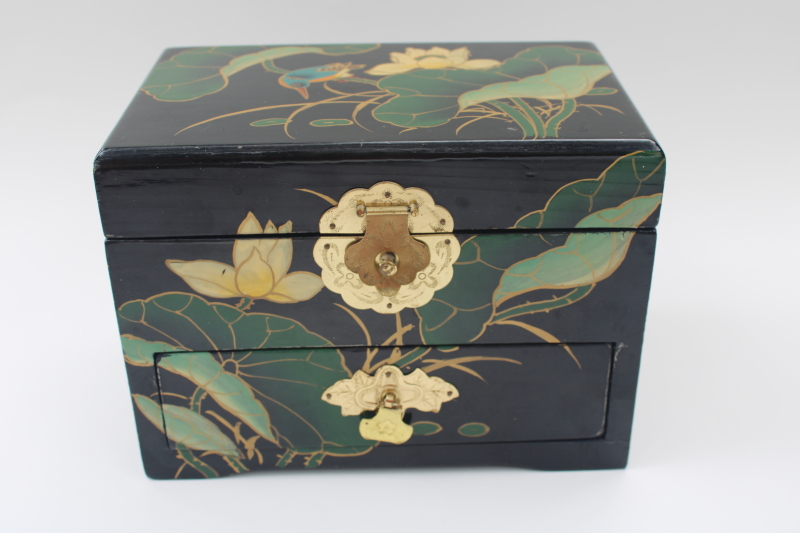 photo of hand painted bird & water lily black lacquerware wood jewelry box tea chest drawers #1