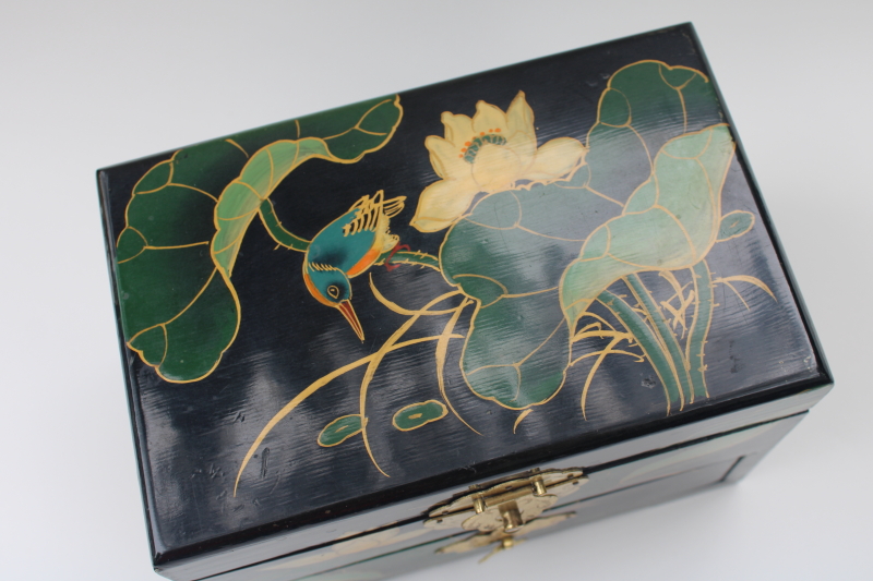 photo of hand painted bird & water lily black lacquerware wood jewelry box tea chest drawers #2