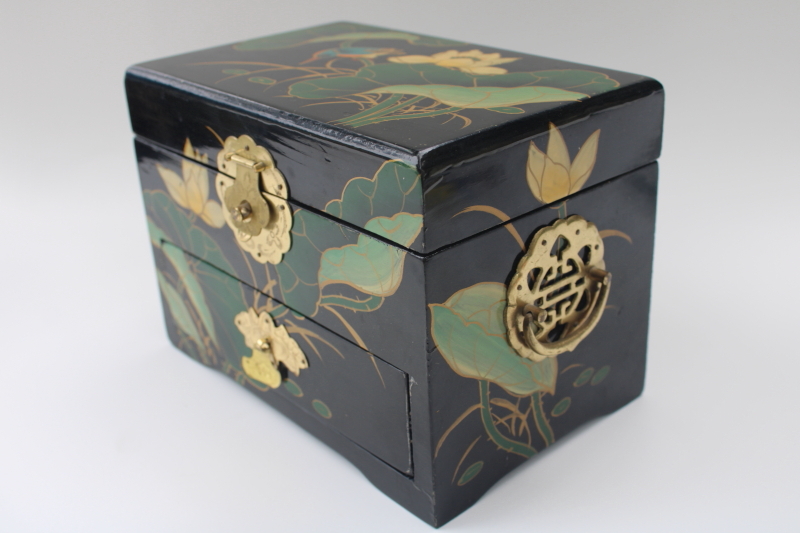 photo of hand painted bird & water lily black lacquerware wood jewelry box tea chest drawers #3