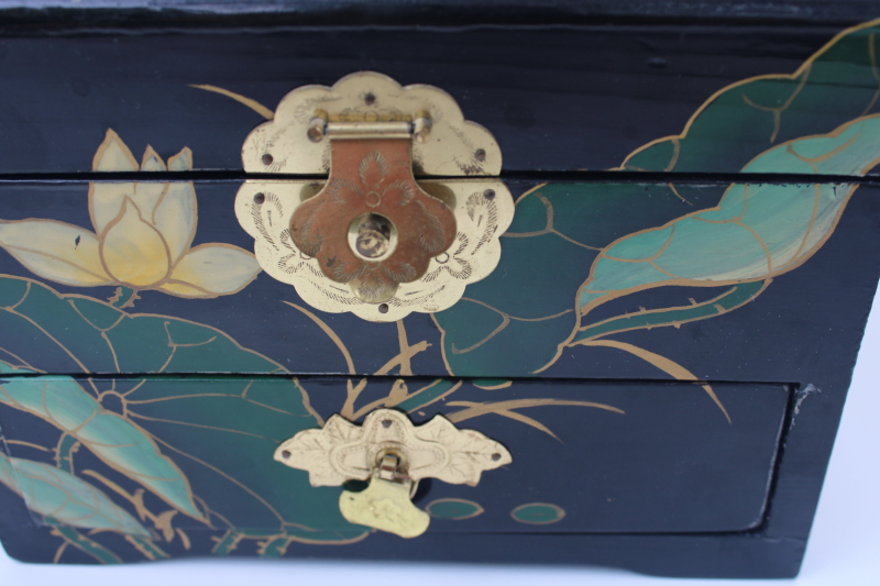 photo of hand painted bird & water lily black lacquerware wood jewelry box tea chest drawers #5