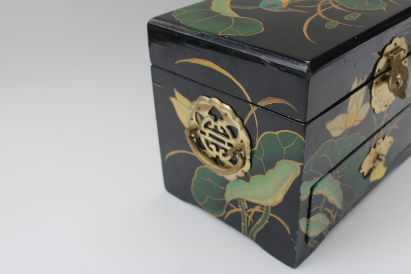 photo of hand painted bird & water lily black lacquerware wood jewelry box tea chest drawers #6