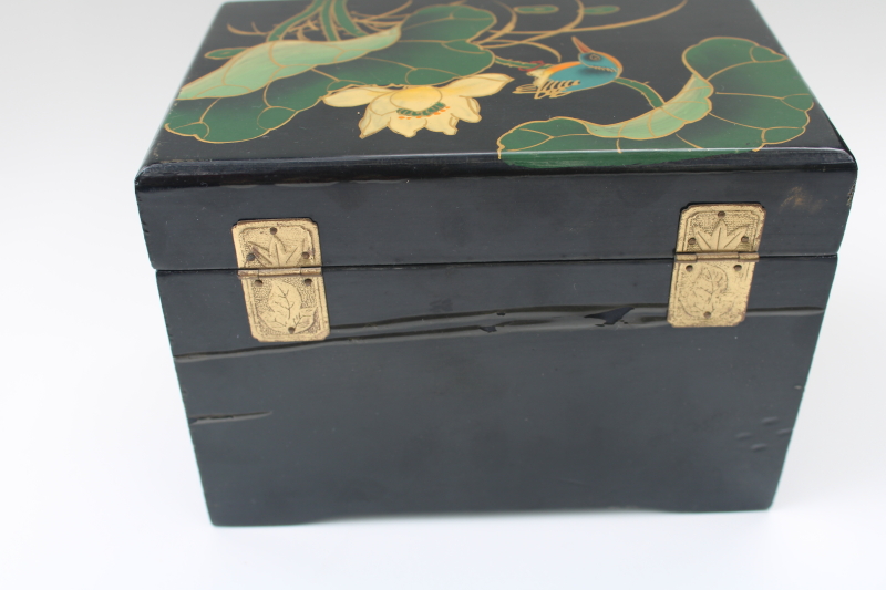 photo of hand painted bird & water lily black lacquerware wood jewelry box tea chest drawers #7